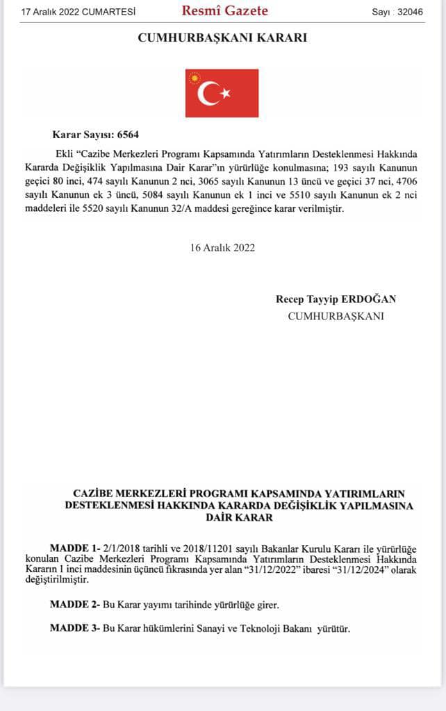 6.Bölge Teşvikleri 2024 Yılı Sonuna Kadar Uzatıldı