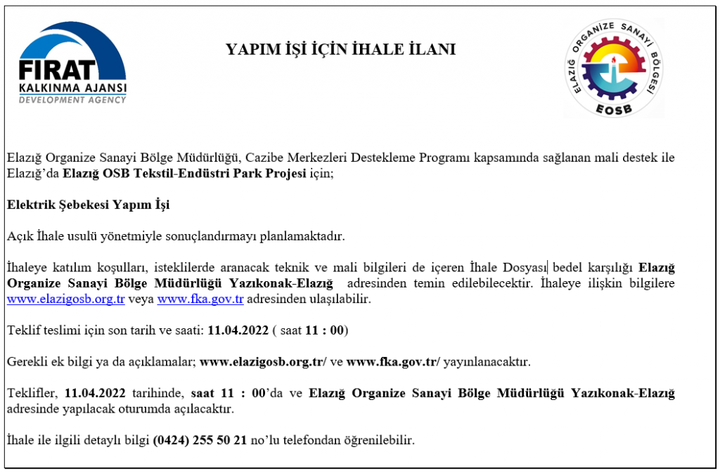 Elektrik Şebekesi Yapım İşi İhale İlanı